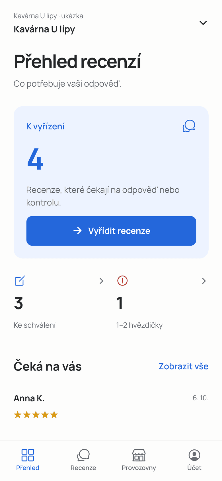 Přehled recenzí v aplikaci: čtyři recenze k vyřízení, tři návrhy ke schválení a jedna recenze se špatným hodnocením. Ukázkový podnik.